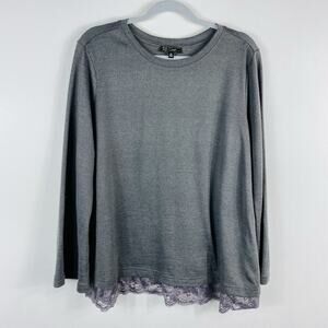 Diane Gilman DG2 Top 1X Gray Long Sleeve Lace Hem Crew Neck